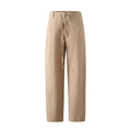 Khaki cotton linen casual trousers featuring drawstring waist and wide straight leg cut - S / Khaki