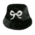 Sombrero de pescador de piel sintética negra con lazo blanco para invierno cálido - M(56-58cm) / Negro