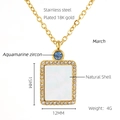 Detail of 18K gold plated necklace featuring natural shell and aquamarine zircon stones - March Aquamarine Zircon Style (ZN703G-03)