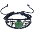 Multilayer braided black leather bracelet with a green round gemstone and silver beads - Green Aventurine