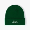 Dark green beanie with 'in my ERAS era' white embroidery for winter warmth - One Size / Dark Green