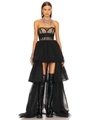 Elegante abito a fascia in tulle nero con vita a corsetto e orlo a balze asimmetrico - L / Vestito Nero