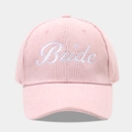 Close-up of Bride embroidery on pink corduroy baseball cap with velvet texture - Adjustable / Bride Pink