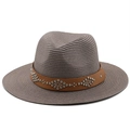 Detailed weave of fedora straw hat with brown leather band and silver rivet accents - M (56-58cm) / Dusty Rose