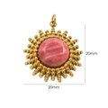 French vintage 14K stainless steel sun pendant with pink stone inlay, 20mm diameter - Rhodonite