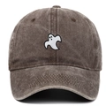 Close-up of white ghost embroidery on dark brown washed cotton baseball cap texture - Coffee