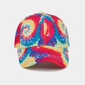 Close-up of vibrant tie-dye baseball cap with colorful radial pattern and white stitching - Red Blue Yellow Green Radial Tie-Dye (Color #5)