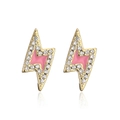 Detailed close-up of gold lightning bolt earrings with pink enamel and micro zircons - Gold-Pink