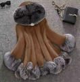 Brown faux fur hooded cape coat with thick grey fur trim and a long mink fleece silhouette - 6XL / Coffee