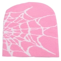 Detail of pink knitted beanie with white spider web jacquard pattern on flat layout - One Size / Pink