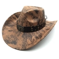 Macro detail of faux suede cowboy hat with marble texture and bull head buckle - Tie-dye Khaki