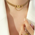 Golden mesh choker with M pendant and MOM lettering charm on a professional model - Gold Mesh Chain Necklace / 32+5cm