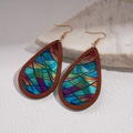 Detail of bohemian teardrop earrings with wood frame and colorful mosaic pattern inlay - Ear Hook-Style 4 (Colorful Mosaic)