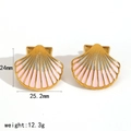 Detail showing 24mm x 25.2mm dimensions of pink shell earrings in gold stainless steel - Pink Gradient