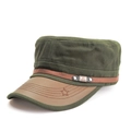 Olive green military flat top cap with brown faux leather brim and star embroidery - Adjustable / Army Green