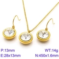 Golden stainless steel jewelry set featuring round zircon pendants on O-shaped chain - 2-Piece Set (Necklace+Earrings) / Gold White Zirconia