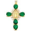 Detail of gold cross pendant with green pear-cut stones and Virgin Mary oval relief - Style 24/Gold Virgin Mary Relief Green Pear Stone