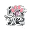 S925 sterling silver charm bead with pink love heart paw print design for DIY bracelet - LOVE Letter Pink Zirconia Paw Bead (SCC2339)