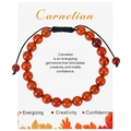 Detail of handmade beaded carnelian bracelet with adjustable cord on display card - Red Agate