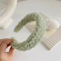 Plush green teddy fleece wide headband with thick lamb wool texture for winter styling - Light Green