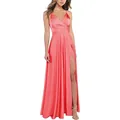 Détail d'une robe de soirée en satin avec décolleté en V et fente haute latérale - US 14 / Haut Et Bas / Rouge pastèque