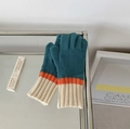 Knitted winter gloves in dark green and orange stripes with cream ribbed cuffs - Contrast-Blue