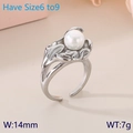 Elegant silver-toned open ring with fluid waves and a large white pearl setting - Steel Style (KR111438-GC)