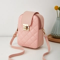 Pink quilted leather crossbody cell phone bag with golden twist lock and slim strap - Pink