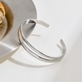 Minimalist double-layered open cuff bracelet in silver finish with polished steel texture - Silver Double-layer Open