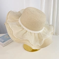 Beige wide-brim straw sun hat with white lace trim and elegant pearl headband decoration - Beige Pearl Mesh