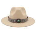 Chapeau Fedora beige à large bord avec bande ethnique tissée et boucle de turquoise - M (56-58cm) / Poche zippée