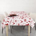 Macro detail of red Christmas reindeer and snowflake prints on a thick cotton tablecloth - 40x70cm / White Background Red Reindeer and Snowflakes Print