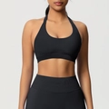 Gros plan sur le soutien-gorge de sport dos nu noir sans couture avec bande côtelée - Noir