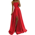 Elegant red satin evening dress with spaghetti straps and high side slit floor-length - S (US 2) / Red