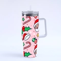 40oz stainless steel Christmas tumbler with Santa and candy cane prints, straw and handle - Style 3