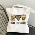 White canvas tote bag with leopard print Peace Love Coffee design on metal chair - Black and White Leopard Pattern Style (B100305-TBWH-M)