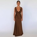 Detail of the deep V-neck and backless design on this brown satin maxi evening dress - S / Coffee