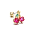 Boucle d'oreille cerise dorée avec zircons roses et feuille verte avec fermoir à vis - Cerise (EGD0012)
