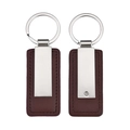 Front and back view of a dark brown leather keychain with silver rectangular metal plate - Coffee