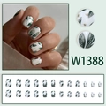 Short vintage green leaf false nails set with gold foil accents and 24 individual pieces - Green Leaf Gold Foil Glue Style (W1388)