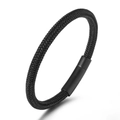 Handmade black braided leather bracelet featuring a sleek black magnetic clasp closure - Woven Cowhide/Black Stainless Steel Magnetic Clasp / Black