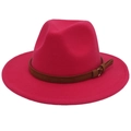 Rose red vintage wide brim wool felt jazz fedora hat with brown leather belt - Rose Red