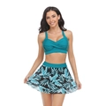Two-piece peacock green bikini top with high-waist tropical leaf print swim skirt set - S / Teal Blue Floral Skirt
