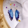 Elegant gradient blue cicada wing earrings with rhinestones on a mirror surface - Noble Blue Purple Gold
