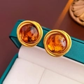 Detailed close-up of vintage gold earrings with amber stone in a teal jewelry box - 27# Silver Earring Post - Gold - Coffee - Round