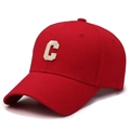 Red cotton baseball cap with white embroidered letter C on a classic six-panel design - Red