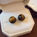 Macro shot of tiger eye stone ball earrings in a white velvet jewelry box display - 925 Sterling Silver Earring Post Natural Tiger Eye Ball Stud 12mm