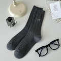 Dark grey knit crew socks featuring a cute ribbon bow and textured vertical ribbing - One Size / Dark Gray