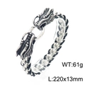 Men's double dragon head bracelet in vintage steel with black braided leather detail - Dragon Head Style (KB154972-KJX)