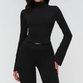 Slim fit black yoga jacket and high waist leggings set with flare sleeves for women - Premium Black